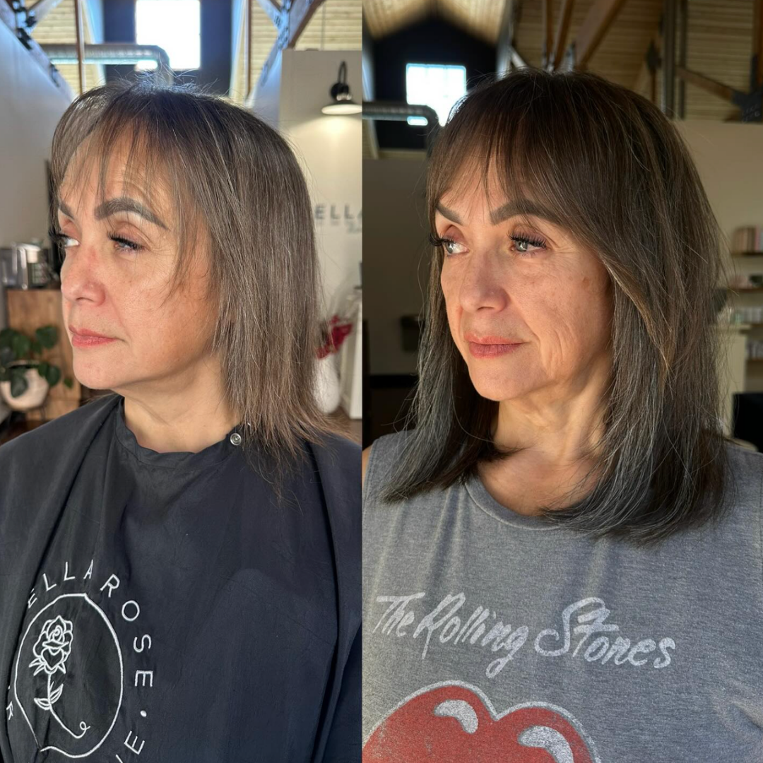 Hair transformation of a woman with thin hair above her shoulders enhanced with 12-inch K-tip extensions for a fuller look and slight added length to the shoulders.