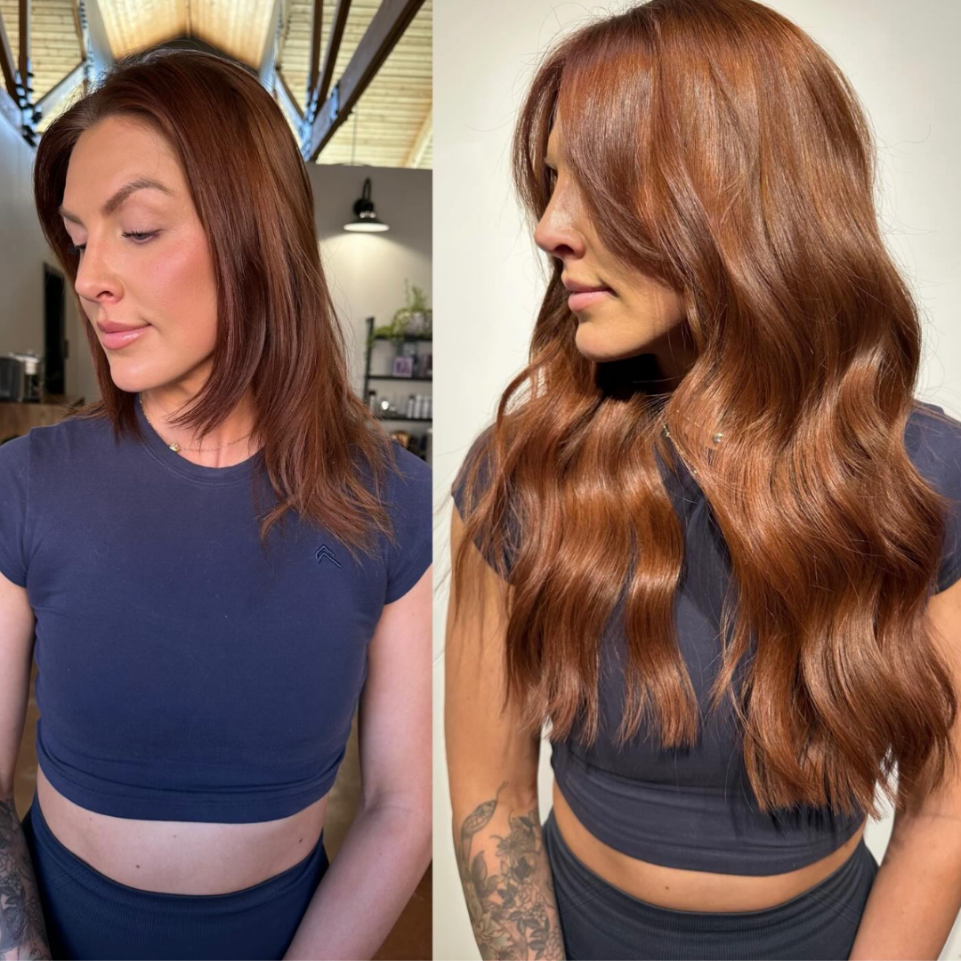 Before and after of a woman with short and thin Auburn hair, transformed with 2 rows of 22 inch extensions creating a longer fuller look