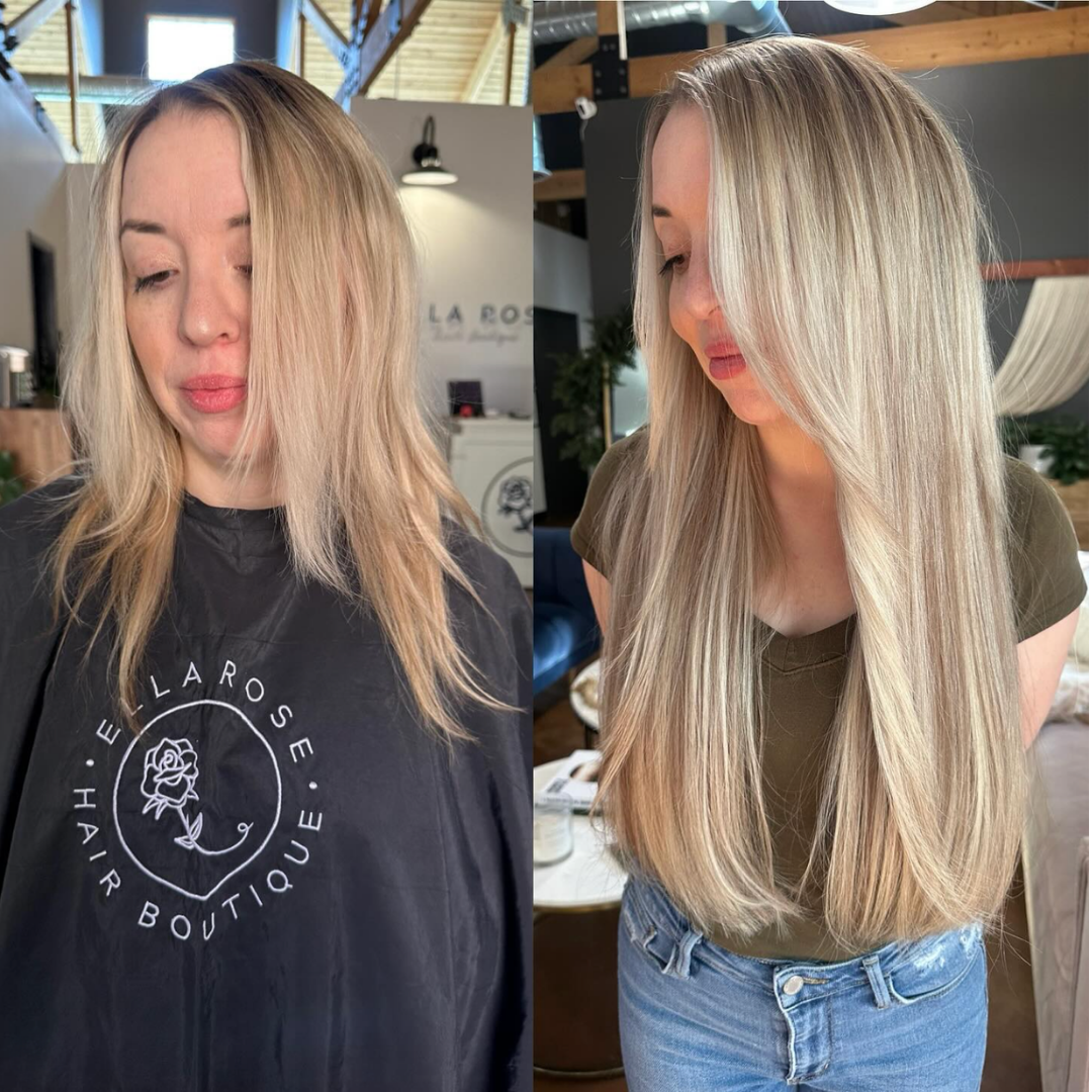 Before and after of a woman with bright blonde short and thin hair, transformed into fuller, longer hair with 2 rows of 22 inch extensions