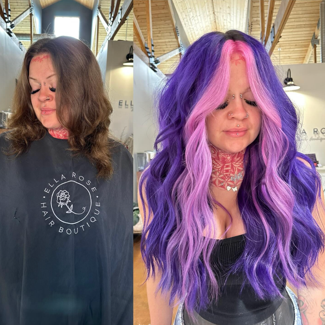 Incredible hair transformation from shoulder-length brown hair to long, thick hair with custom-colored 18-inch extensions installed in three rows, featuring vibrant purple hair with pink face-framing pieces.