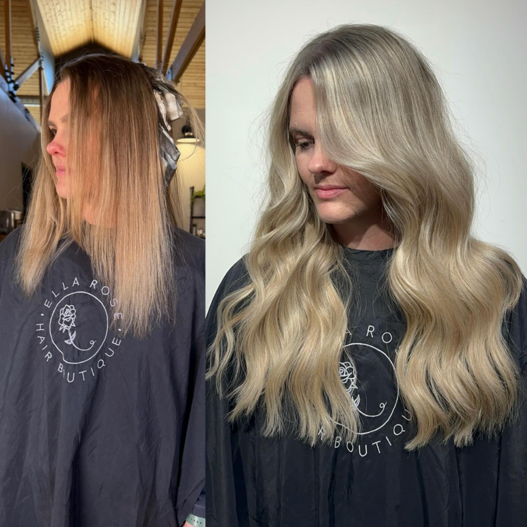 Hair transformation of a woman with thin chest-length hair and grown-out blonde color, enhanced with two rows of 18-inch extensions to create fuller, longer dimensional vanilla blonde hair.