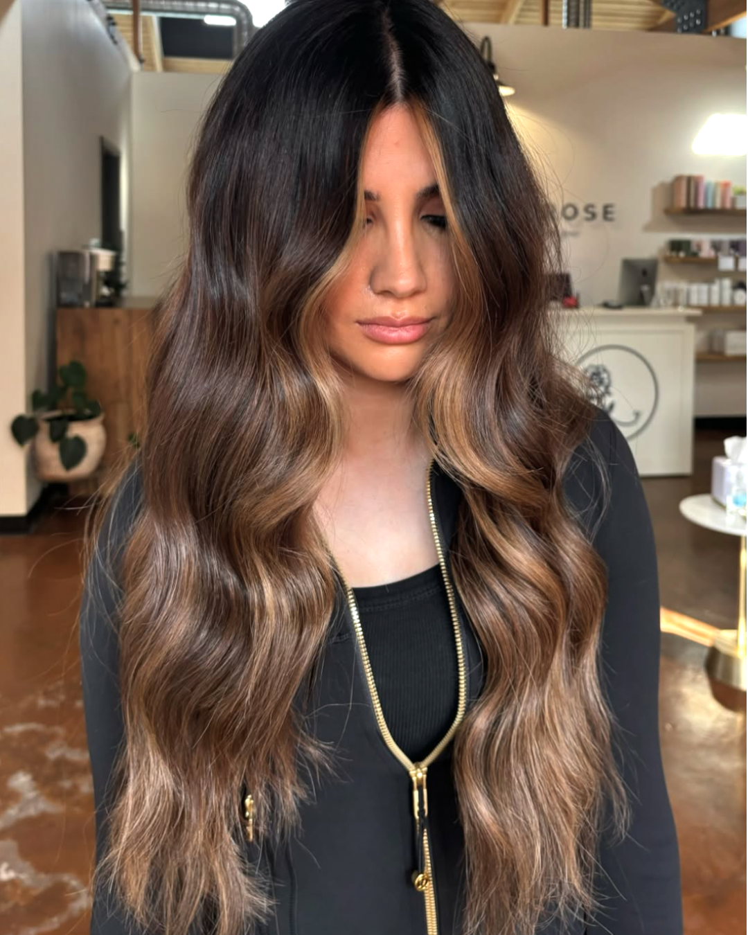 Extra long bronde balayage with dark brown roots and caramel face framing and ends by Selene