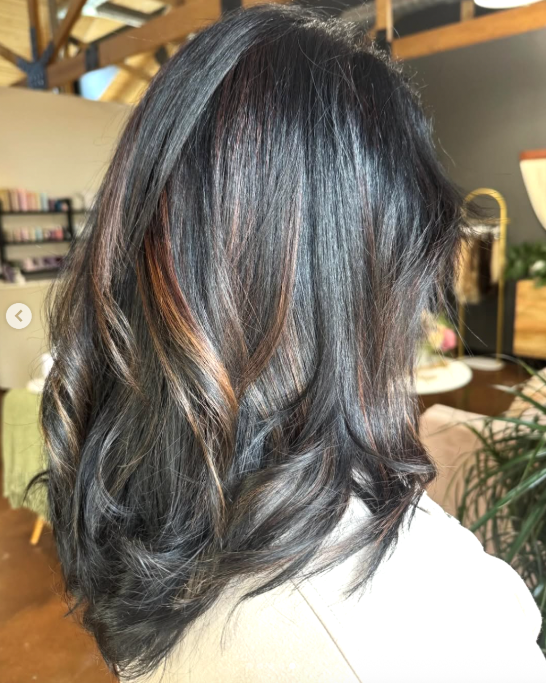 Back view of a woman with deep dark brown hair featuring lighter caramel highlights throughout in a custom balayage