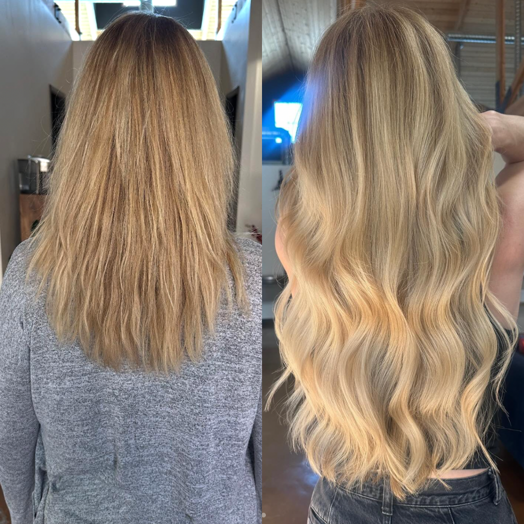 Before and after hair transformation from mid-length blonde hair to waist length, full, dimensional blonde hair using K-tip extensions.