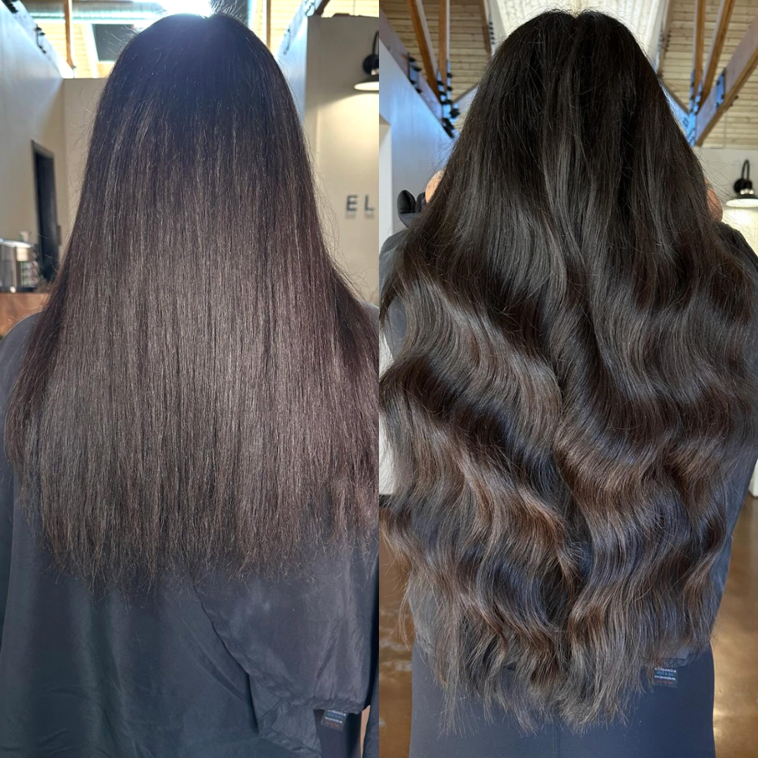 Before and after hair transformation from long thin dark brown hair to fuller, longer voluminous hair using K-tip extensions.
